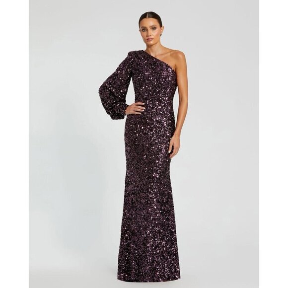 MAC DUGGAL Size 0 Purple Sequined One Shoulder Trumpet Formal Prom Gown Dress - Picture 1 of 11